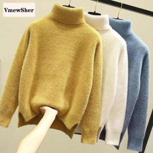 VmewSher New Autumn Winter Women Sweater Turtleneck Warm Faux Mink Fur Soft Long Sleeve Lady Elegant Solid Knitted Pullover Tops