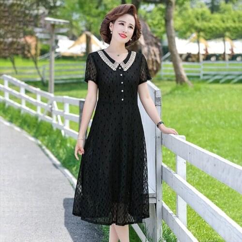 Women 2021 Summer New Fashion Middle-aged Loose Dress Female Printed A-line Vestidos Ladies Short Sleeve Thin Dresses W09