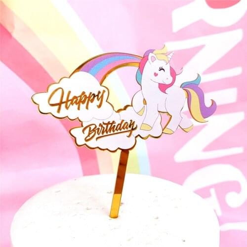 Gold Unicorn Acrylic Cake Topper Flamingo Happy Birthday Cupcake Topper For Baby Shower Mermaid Unicorn Party Cake Decorations