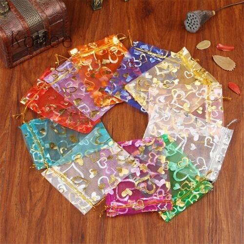 100pcs/lot Heart Design Organza Bags 17x23cm Party Wedding Favors Candy Gift Bag Cute Boutique Cosmetics Jewelry Packaging Bags