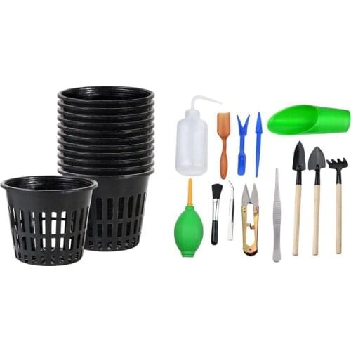 13Pcs Mini Garden Hand Succulent Tools With 50Pcs Plant Net Pots, Reusable Plastic Cups, Slotted Design