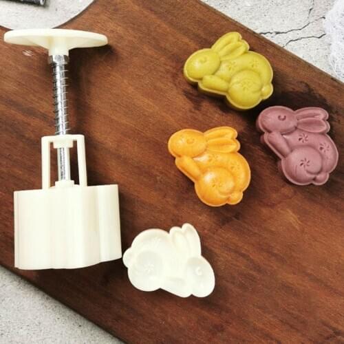 50g Cute Moon Cake Mold 2 Bunny Stamps Barrel Mooncake Hand Pressure Pastry Baking Mould DIY Bakware Mid-autumn Festival