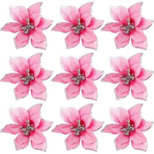 50 Pack Glitter Poinsettia Christmas Tree Ornaments 5Inch Artificial Silk Flowers Picks Decor Wreath Garland (Pink)