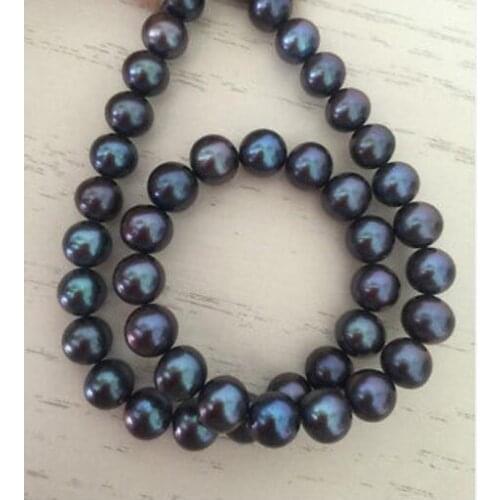 AAA10-11mm round tahitian black green pearl necklace 18"14k free shipping