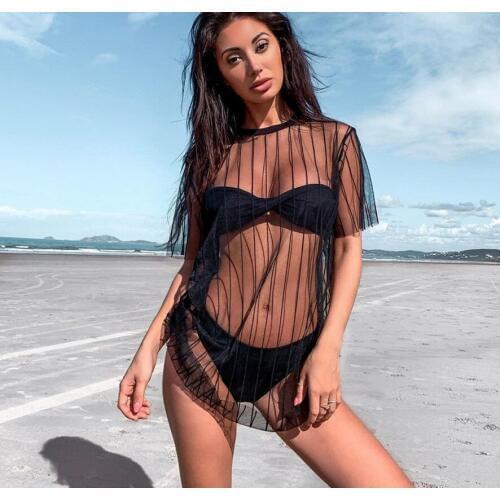BKLD New Summer Women O Neck Short Sleeve Black Mesh Top Sheer Shirt Striped Tee Shirt Ladies Sexy Loose Beach Cover-up T-shirt