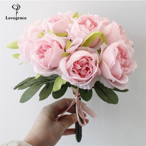 10 Heads Silk Artificial White Flowers Bouquet for Decorations DIY Bridal Flower Bouquet Mariage Rose Wedding Bouquets Lovegrace