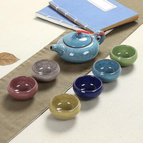 Chinese Travel Kung Fu 7pcs Tea Sets Ceramic Portable Porcelain Ice cracked glaze Tea Cups With Gift Box