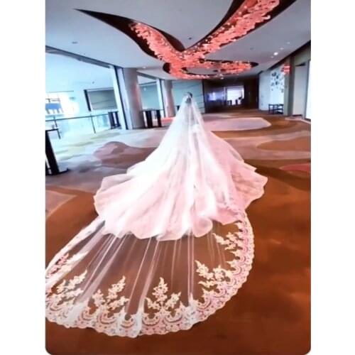 Real Photos 1 T Long Lace Wedding Veils 4 Meters White Ivory Bridal Veil with Comb Bride Headpiece Wedding Accessories