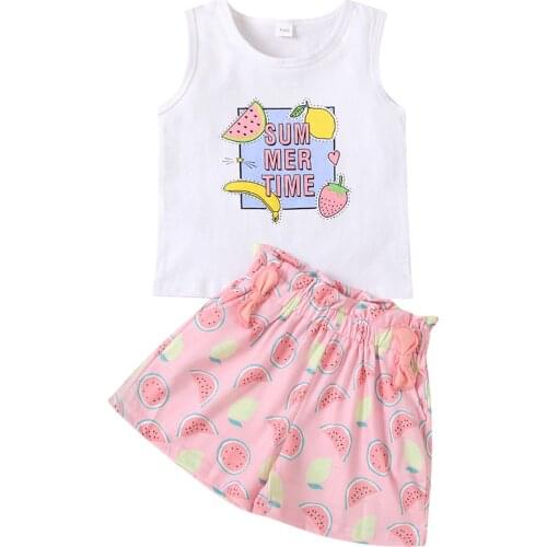 Kids Girls Fashion 2-piece Outfit Set Sleeveless Fruit Print Tops+Shorts Set for Children Girls
