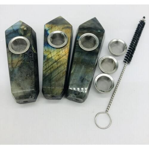 Natural Labradorite Crystal Smoking Pipe+1 brush+3 Filters