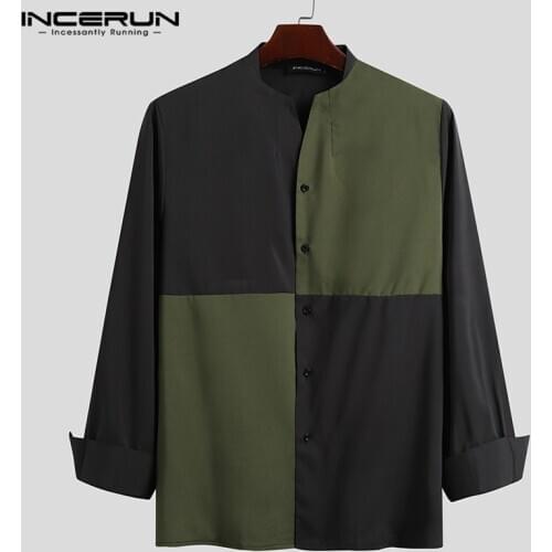 Fashion Men Casual Shirt Patchwork Long Sleeve 2021 Chic Button Up V Neck Blouse Streetwear Loose Korean Camisas Hombre INCERUN
