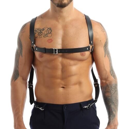 Mens Black PU Leather Adjustable Strap Chest Armor Wedding Strap with Buckle and Metal O-ring Male Body Chest Half Harness Belt