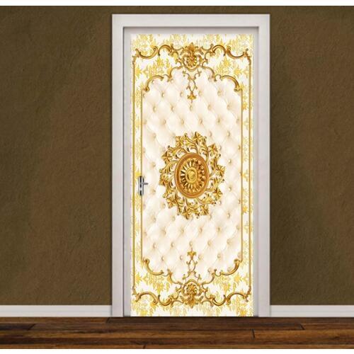 European Style 3D Gloden Pattern Door Sticker Living Room Bedroom Luxury Home Decor Door Sticker Self-Adhesive Waterproof Poster