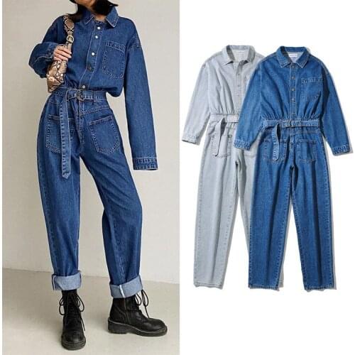New womens pants casual jeans fashion splicing high waist slim long sleeve Jumpsuit
