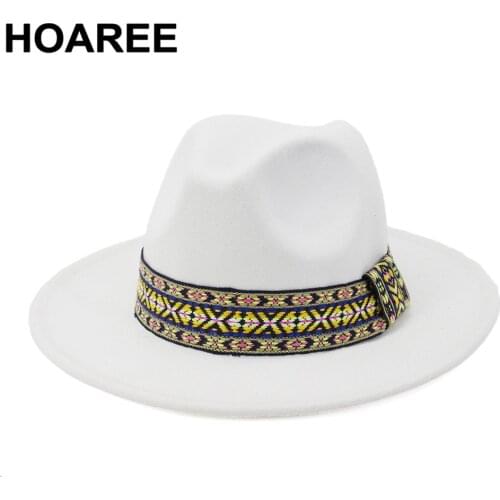 HOAREE 2021 New Men Women Wide Brim Wool Felt Fedora White Panama Hat Sombrero Jazz Trilby Cap British Style Porkpie Hat