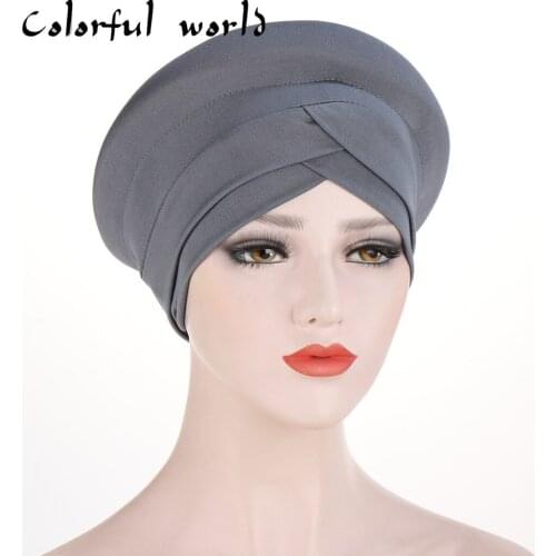 New Solid color forehead cross hijab bonnet muslim woman wrap head scarf turban hat ready to wear Inner hijabs Arab headdress
