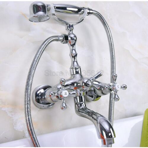 Polished Chrome Wall Mount Bathtub Tub Mixers Dual Handles Bathroom Bath Shower Faucet with Handshower tna198