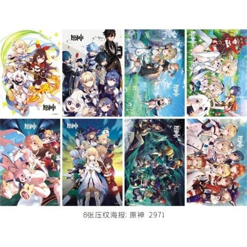 8 Pcs/set Game Genshin Impact Poster Anime Paimon Klee Diluc Different Designs Embossing Posters Toy Gift 42x29cm