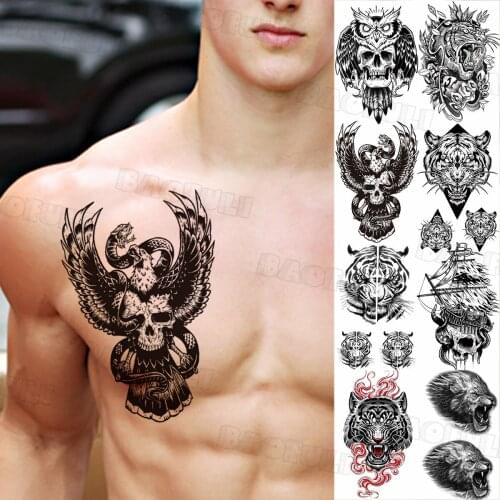 Realistic Owl Black Mamba Snake Eagle Skull Temporary Tattoos For Men Adults Fake Tatoos Lion Tiger Realistic Tattoo Sticker