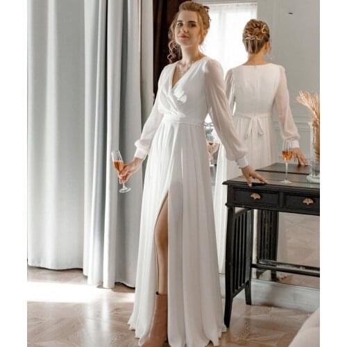Ivory Chiffon Boho Wedding Dress A-line With Long Sleeve Side Split V-Neck Charming Robe De Mariee Sash bow Beach Rustic Dresses