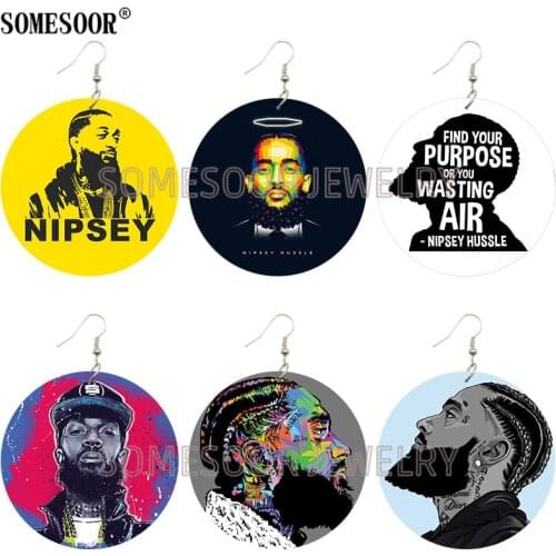 SOMESOOR Jewelry Hip hop Singer Nipsey Hussle Both Sides Print Wooden Drop Dangle Earrings For African Women Gifts