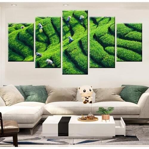 Modern HD Print 5 Panel Natural Green Tea Garden Landscape Nordic Poster Canvas Wall Art for Living Room Bedroom Wall Decor