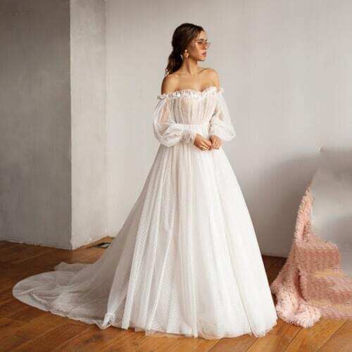Smileven Boho Wedding Dress 2021 Puff Sleeves Bridal Gowns Backless Off The Shoulder Vestido De Noiva Lorie Wedding Gowns