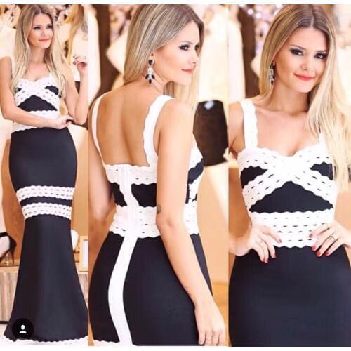 High Quality White Black Sleeveless Long Rayon Bandage Trumpet Dress Sexy Evening Party Mood Dress