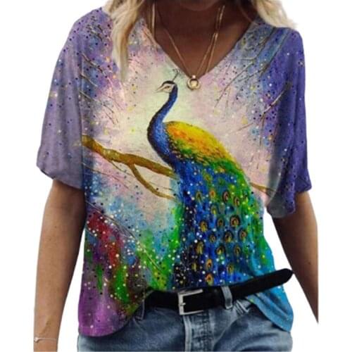 2021 New Summer Women Animal Peacock Print T Shirt Street Hipster Ladies Short Sleeve V-Neck Loose Oversized Tops Tee Clothes