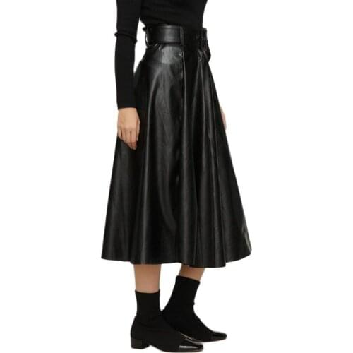2020 New Women Autumn Winter PU Pleated Faux Leather Skirts Lady High Waist A-line Wine Red Maxi Long Black Skirt With Belt