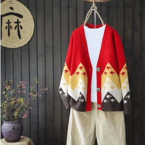 Retro Cardigan Jacket Womens Knitted Loose Korean Style Lazy Spring and Autumn 2021 New Color Combination Lazy Sweater Outside