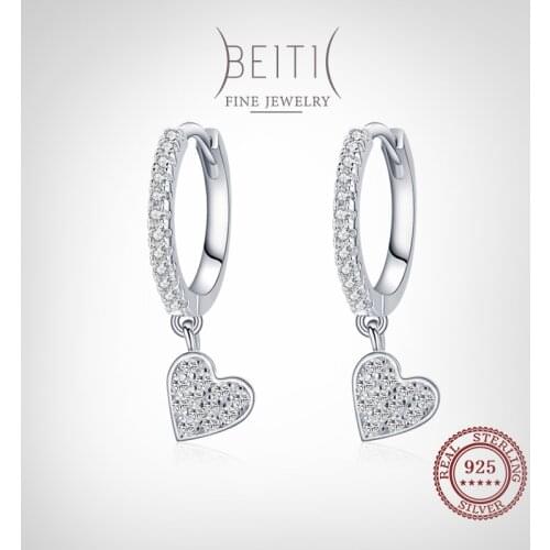 Beitil Real 925 Sterling Silver Sweet Love Heart Hoop Earring Women Dazzling Clear CZ Fine Elegant Wedding Jewelry