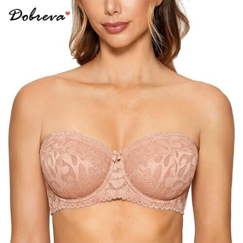 DOBREVA Womens Strapless Unlined Lace See Through Balconette Bra Underwire Plus Size Bralette