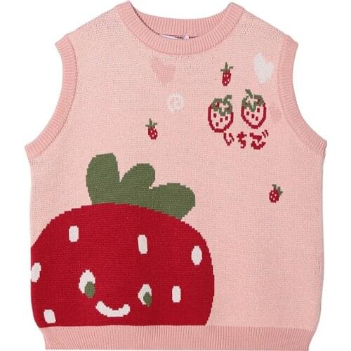 2021 Womens Pink Strawberry Print Vest Autumn New Knitted JK Vest Vest Sweater O-neck Casual Loose Top