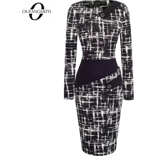 Women Formal Work Office Sheath Patchwork Line Asymmetrical Neck Knee Length Plus Size Pencil Dress B63 B231