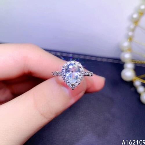 Fine Jewelry 925 Sterling Silver Inset With Natural Gemstone Womens Classic Fashion Water Drop Aquamarine Adjustable Ring Suppo