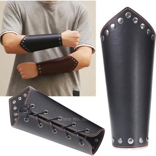 1Pc Men Medieval Cosplay Leather Armor Arm Warmers Lace-Up Viking Pirate Knight Gauntlet Wristband Bracer Steampunk Accessories