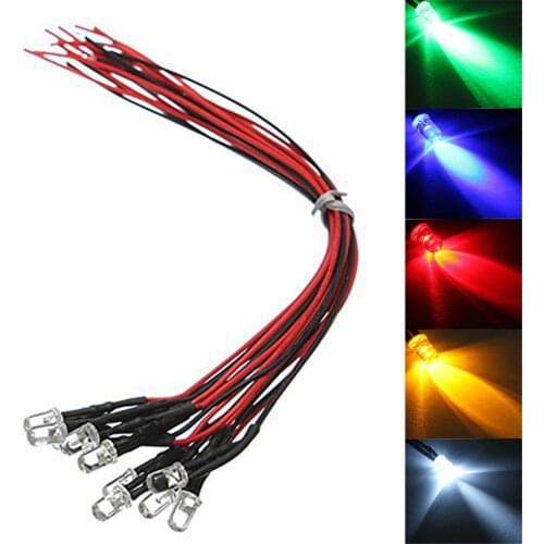 10pcs 5mm Pre-Wired Water Clear LED Bulbs Lamps 5V 12V DC Constant LED Ultra Bright Light Red / Yellow / Blue / White / Green