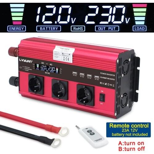 LCD Display12000W Peak Universal/EU/US Socket 12V to 220V- 240V 3/4 AC Socket 4 USB with wireless remote control Power inverter