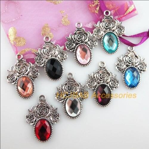 8Pcs Tibetan Silver Tone Retro Rose Flower Mixed Crystal Charms Pendants 23x32mm