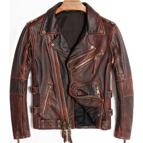 American Street Motorcycle Leather Jacket and Coat For Men In Stock Automotive Mens Cowhide Coats Genuine Leather Winter Topcoat