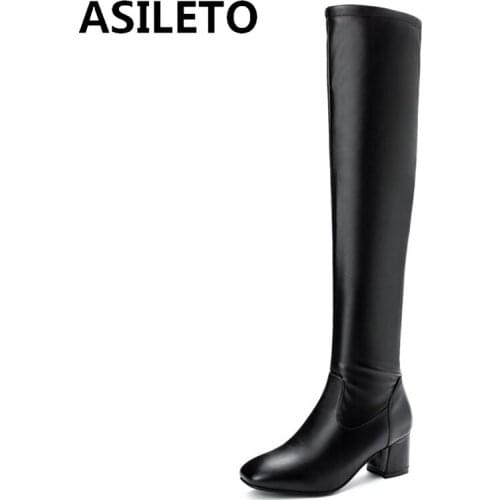 ASILETO 2021 Fashion Over The Knee Boots Sexy Zip Round Toe Party Nightclub Short Plush Block Heel Size34-45 Black White A4530