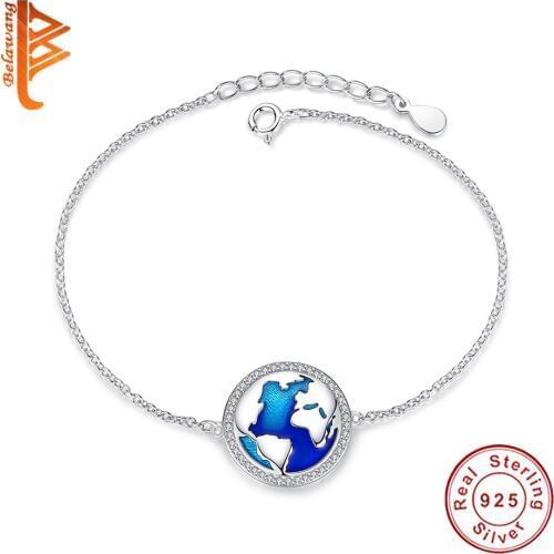 BELAWANG Wholesale European 925 Sterling Silver Planet Map Earth Blue Pendant Bracelet For Women Travel World Jewelry Gift