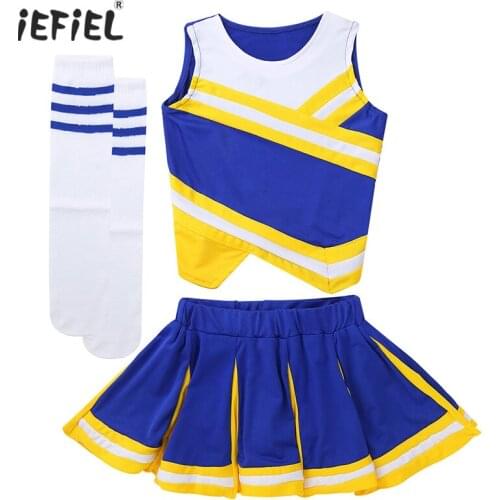 Kids Girls Cheerleading Uniform Costume Cosplay Outfit Theme Party Fancy Dress Sleeveless Tops with Pleated Skirt Socks Set