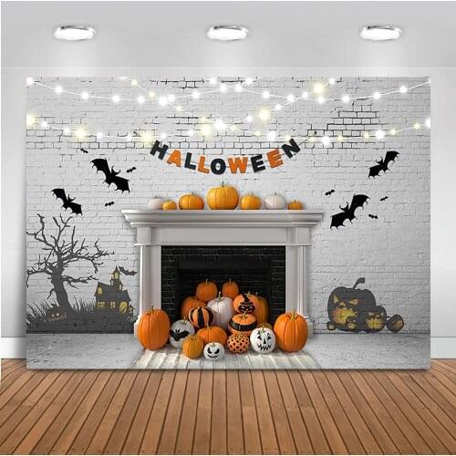 Photography Background Happy Halloween Scary Pumpkin Photo background White Brick Wall Wooden Floor fireplace decoration props