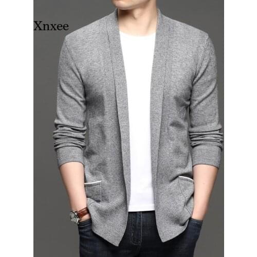 2021 Spring New Solid Lapel Knitted Cardigan Men Fashion Autumn Sweater Slim Fit Open Long Stitch Sweaters Men Clothes Coat