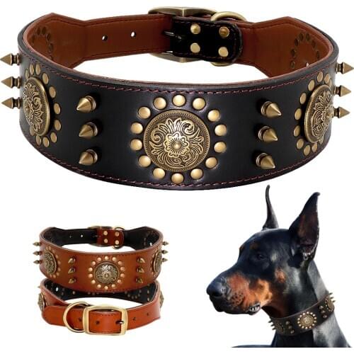 Leather Large Dog Collar Pitbull Spiked Studded Collars for Medium Large Big Dogs Genuine Leather Durable Pet Collar