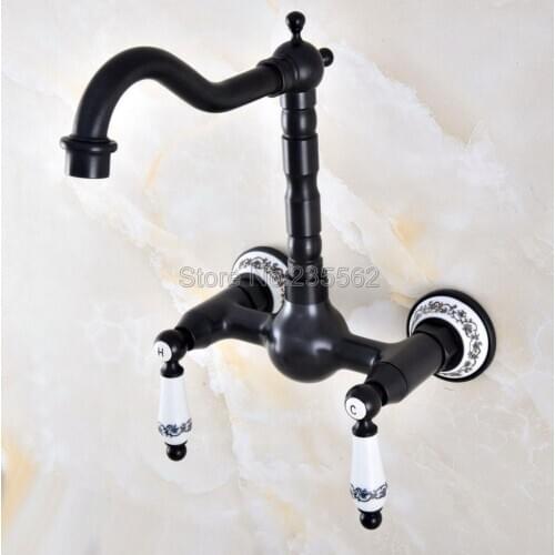 Oil Rubbed Black Bronze Kitchen Sink Faucet Wall Mounted Double Handle Bathroom Basin Mixer Tap Cold And Hot lnf863