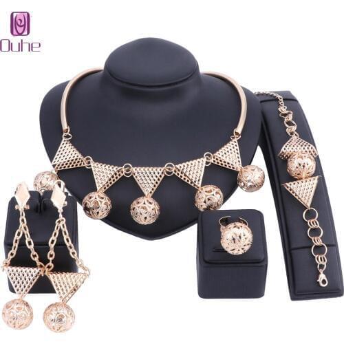 Fashion African Beads Jewelry Set Exquisite Carved Dubai Gold Color Necklace Jewelry Set Nigerian Woman Wedding Bridal Bijoux