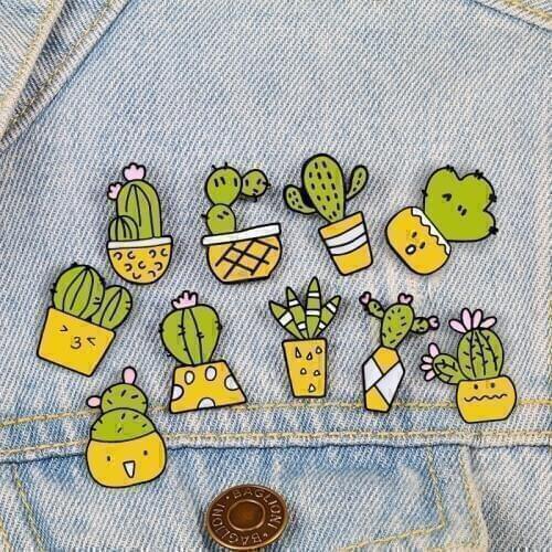 Fashion Cartoon Cactus Enamel Pins Green Potted Plant Brooches Women Men Jackets Lapel Collar Pins Badge Collection Jewelry Gift